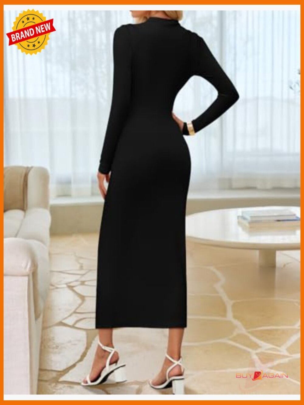 Long Sleeve Mock Neck Bodycon Midi Dress Wedding Guest Cocktail Party - Picture 4 of 7